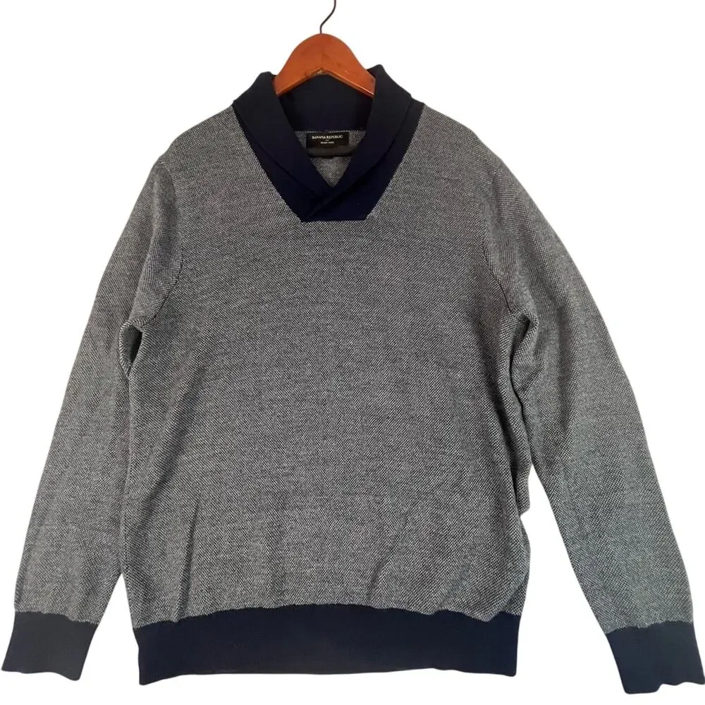 Banana Republic Merino Wool Sweater Mens Large Shawl Collar Blue Birdseye Knit